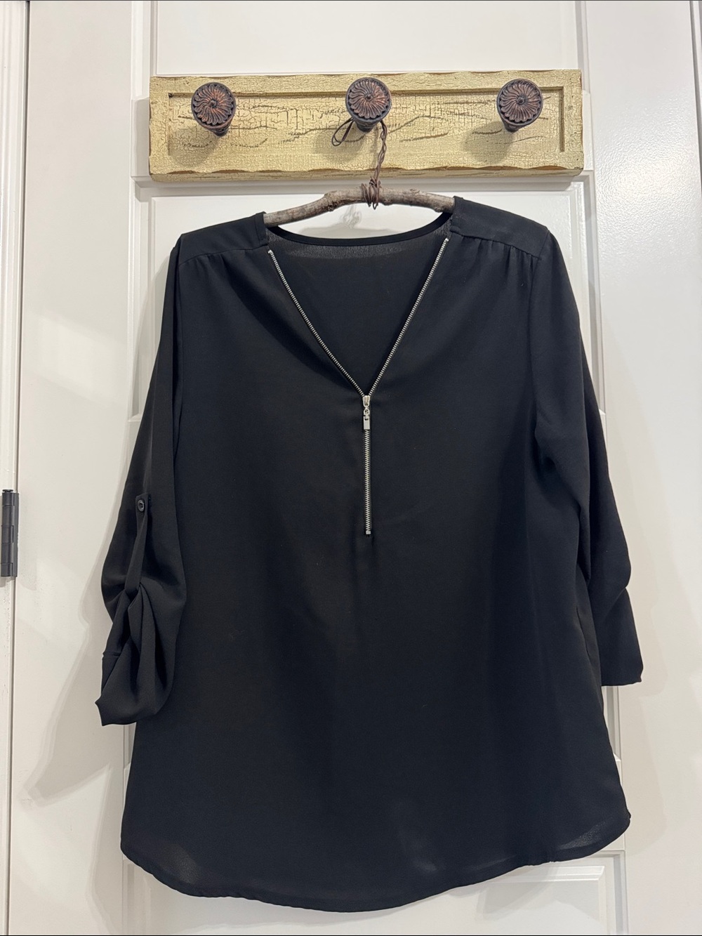 Ladies' Black Zip-Front Roll-Sleeve Blouse